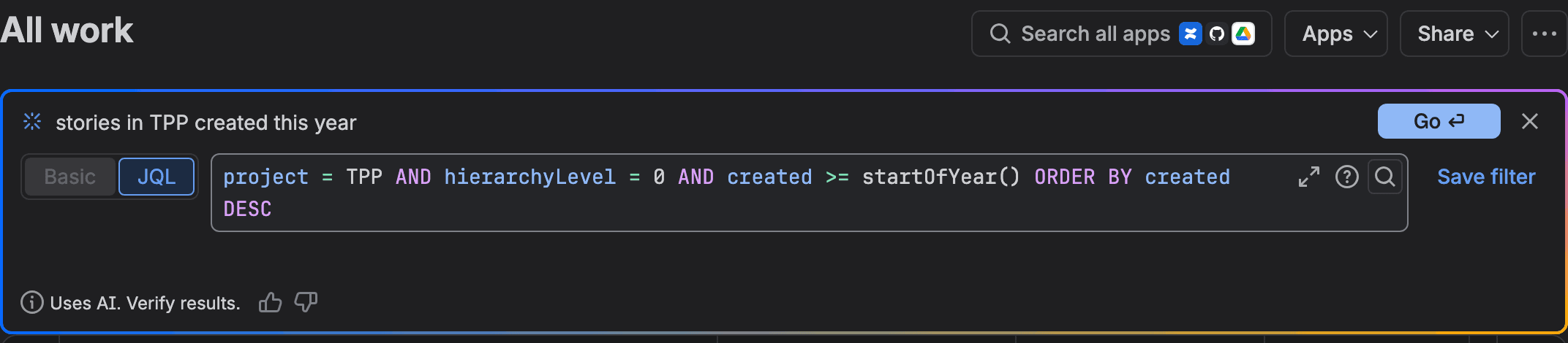 The All work issue search page with the Ask AI box open. The prompt reads stories in TPP created this year, and the generated JQL reads project = TPP AND hierarchyLevel = 0 AND created >= startOfYear() ORDER BY created DESC, with Uses AI. Verify results. underneath