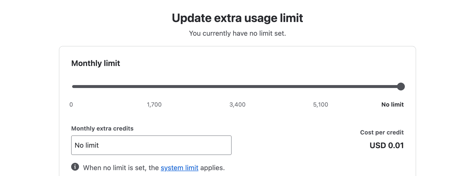 The Update extra usage limit dialog straight after enabling: You currently have no limit set, a Monthly limit slider at No limit with ticks 0, 1,700, 3,400 and 5,100, the Monthly extra credits field showing No limit, cost per credit USD 0.01, and a note that when no limit is set the system limit applies