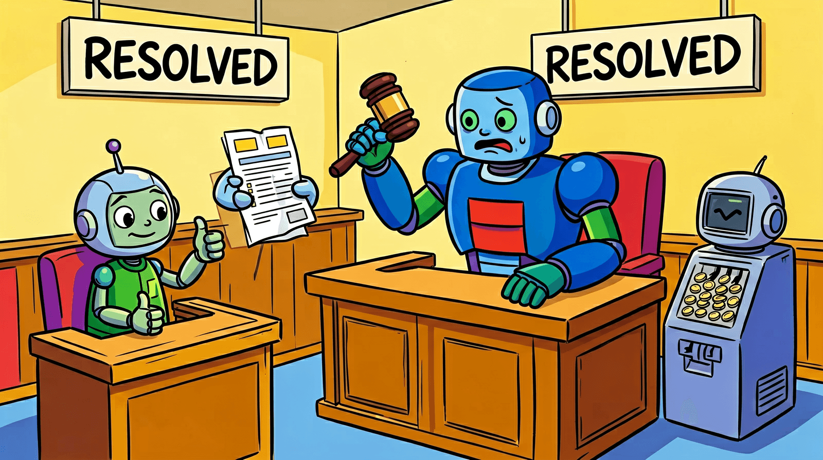 Illustration of a robot judge at a courtroom bench raising a gavel next to a coin machine while a small green robot in the witness box gives a thumbs up and a hand holds up a support ticket