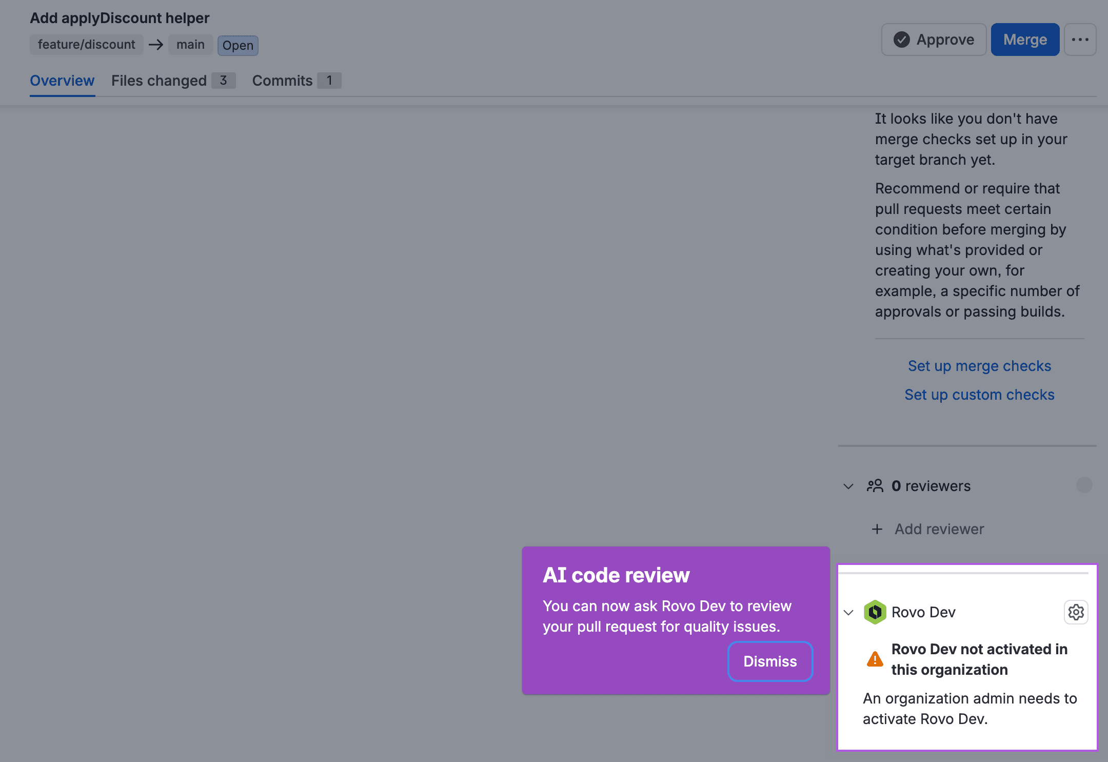A Bitbucket pull request titled Add applyDiscount helper, with an AI code review spotlight saying You can now ask Rovo Dev to review your pull request for quality issues, and the Rovo Dev panel below saying Rovo Dev not activated in this organization, An organization admin needs to activate Rovo Dev