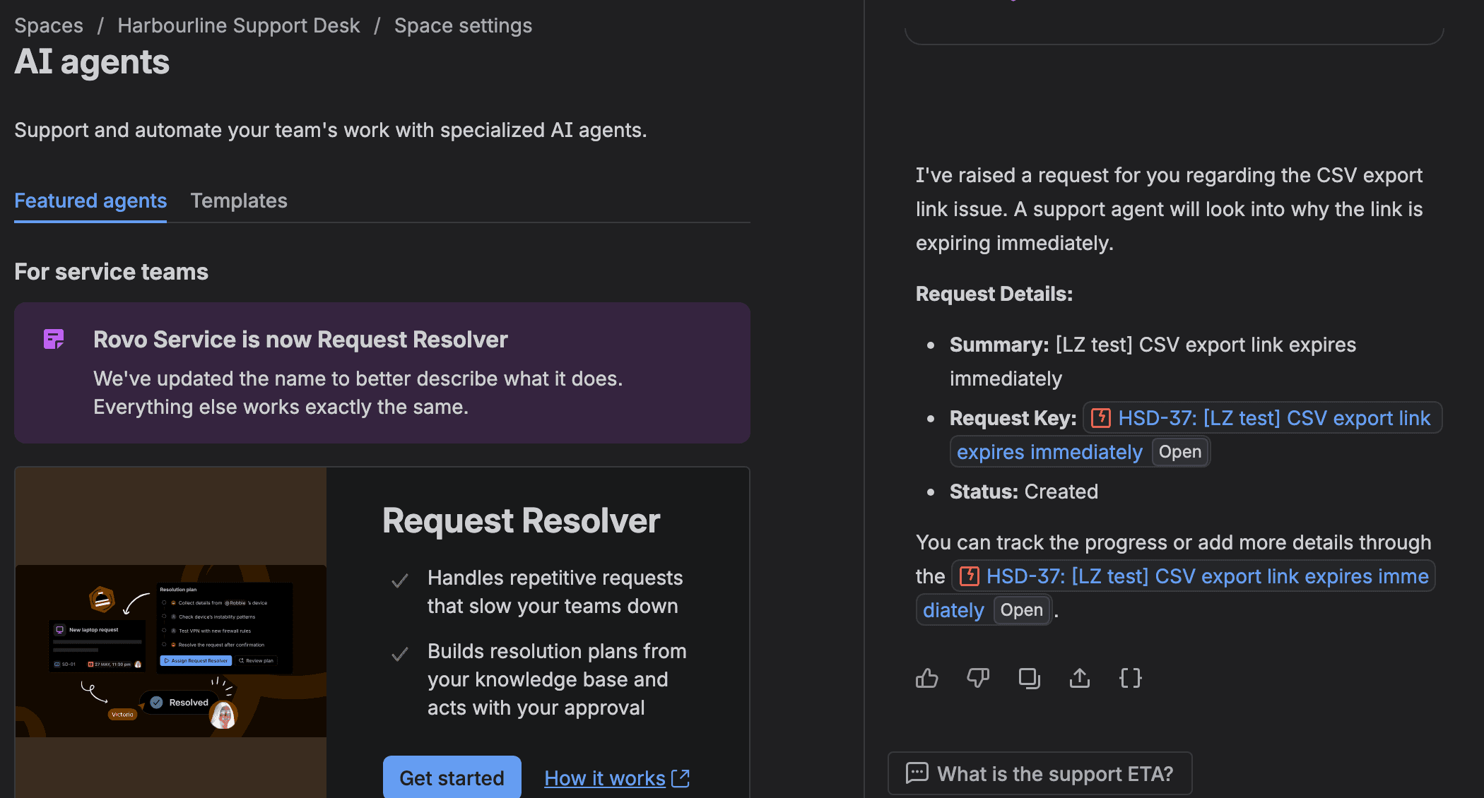 The JSM AI agents settings page with the test panel open on the right: the agent says it has raised a request, Request Key HSD-37, LZ test, CSV export link expires immediately, status Open