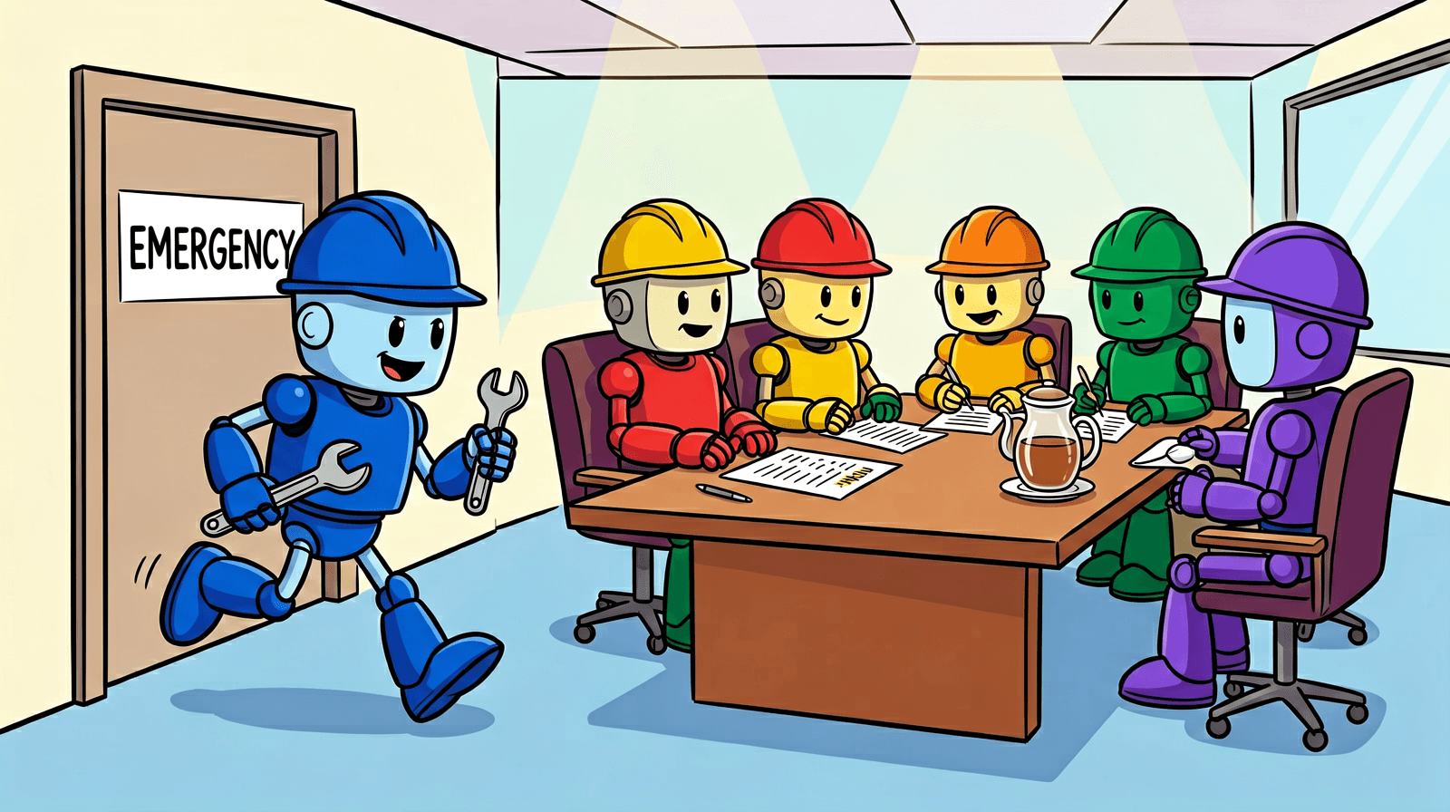 Illustration, generated locally with ERNIE-Image. A robot in a hard hat runs through the EMERGENCY door with a wrench while the committee waits at the table