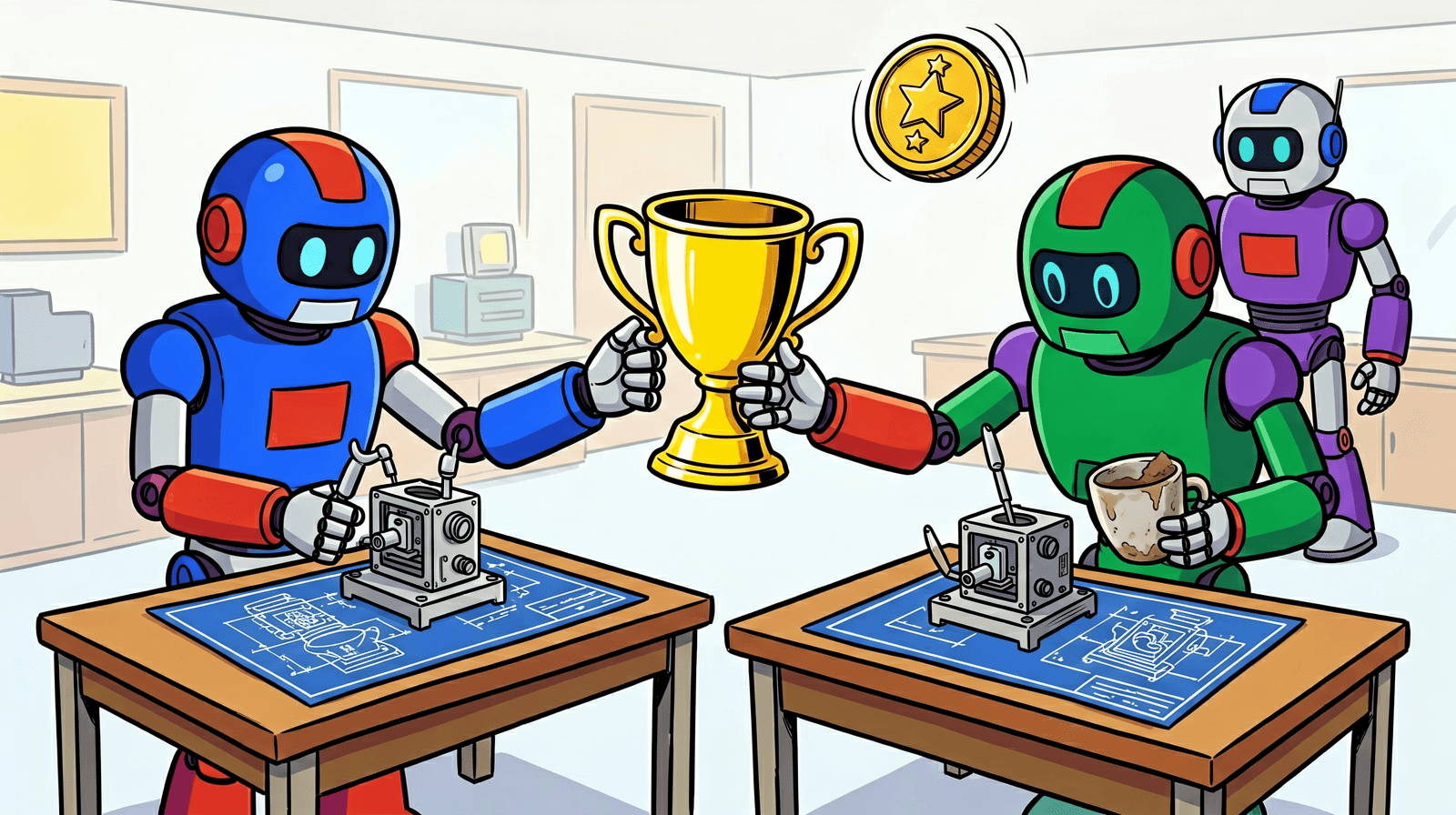 Cartoon of two robots at matching workbenches with the same small machine and blueprint, both gripping one gold trophy while the right-hand robot also holds a stained coffee mug; a coin spins above them and a third robot watches