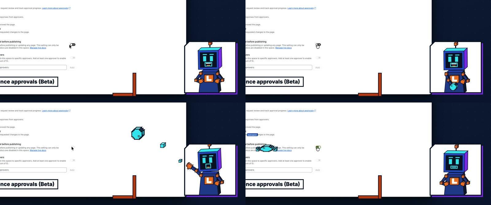 Four frames of Elzi's throw in the pilot: she stands still in her corner tile, winds up a cyan voxel ball, throws it so it breaks into small voxel cubes in the air, and it lands as a highlight on the Require approval before publishing toggle as the toggle flips on