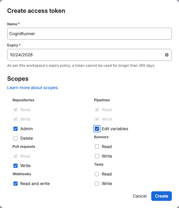 Bitbucket's Create access token dialog with the name CogniRunner, an Expiry field and the nine scopes ticked