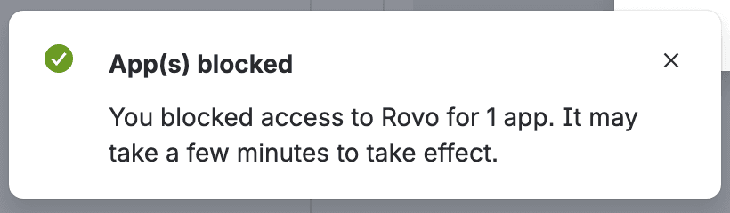 The App(s) blocked flag in the bottom left of Atlassian Administration, reading You blocked access to Rovo for 1 app. It may take a few minutes to take effect.