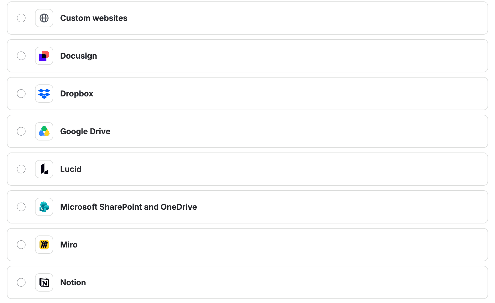 Rovo's Add connector catalogue, Knowledge group: Custom websites, Docusign, Dropbox, Google Drive, Lucid, Microsoft SharePoint and OneDrive, Miro and Notion.