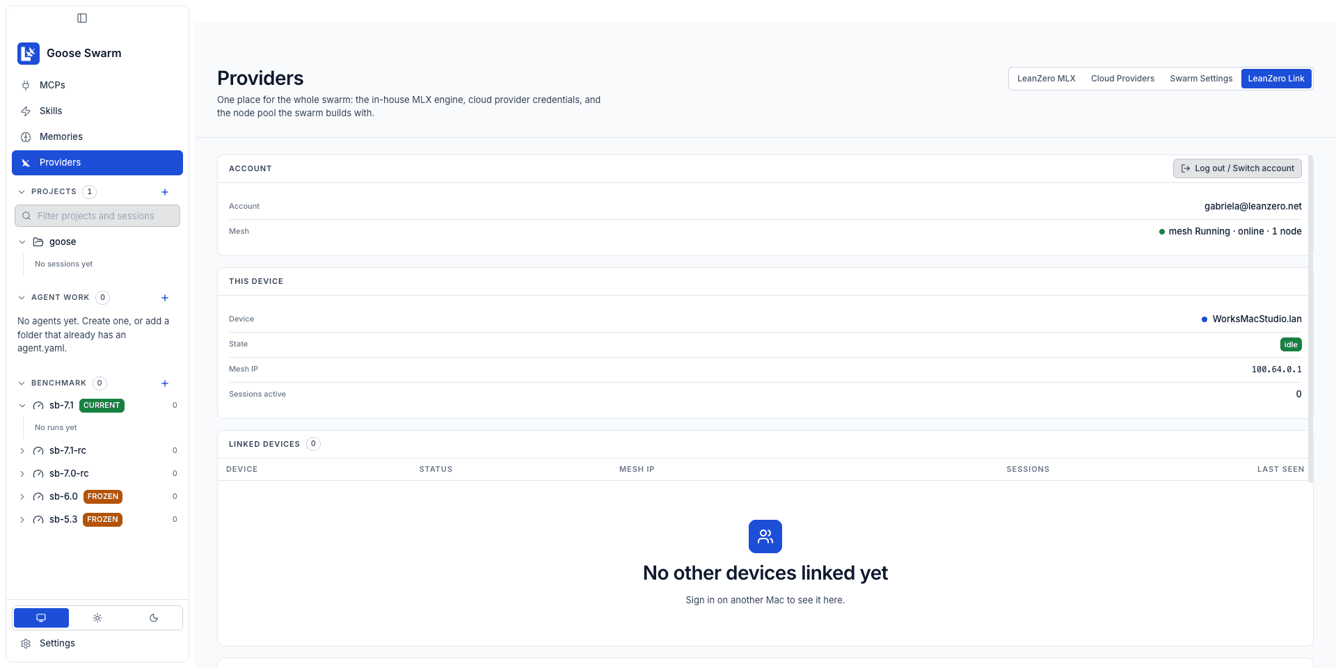 LeanZero Link in Goose Swarm 3.0.11 signed in and connected: account gabriela@leanzero.net, mesh Running online 1 node, this device WorksMacStudio.lan idle on mesh IP 100.64.0.1, and Linked devices 0