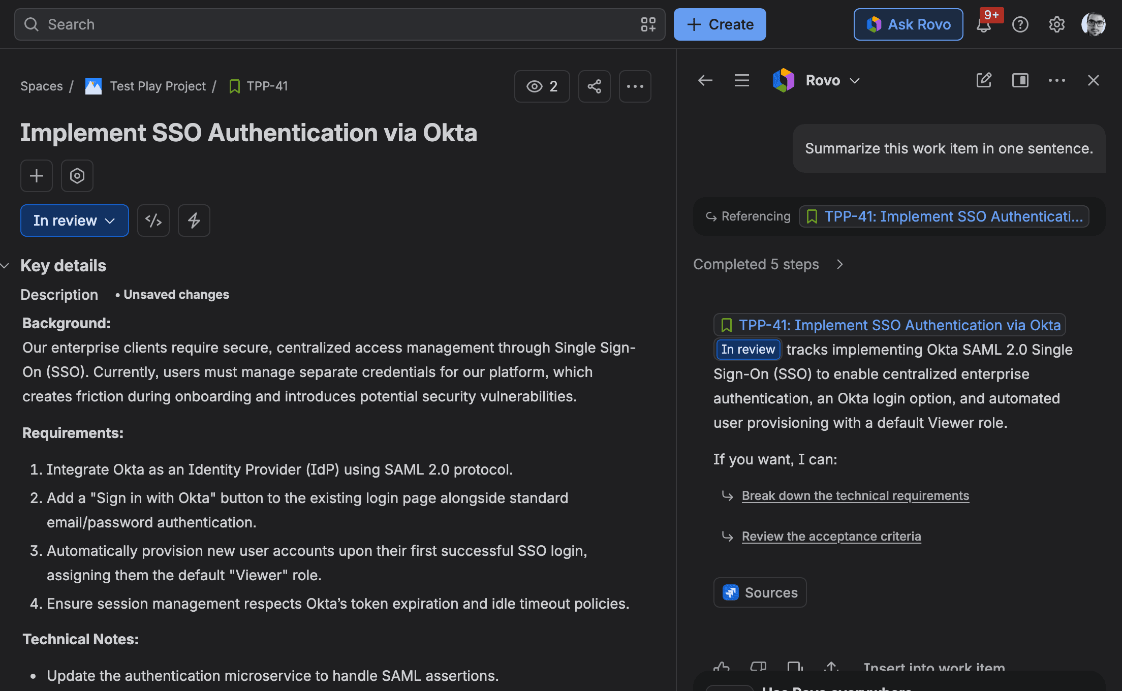 Jira work item TPP-41, Implement SSO Authentication via Okta, with the Rovo chat panel open on the right. The question reads Summarize this work item in one sentence, the panel shows Referencing TPP-41 and Completed 5 steps, and the answer says TPP-41 tracks implementing Okta SAML 2.0 Single Sign-On to enable centralized enterprise authentication