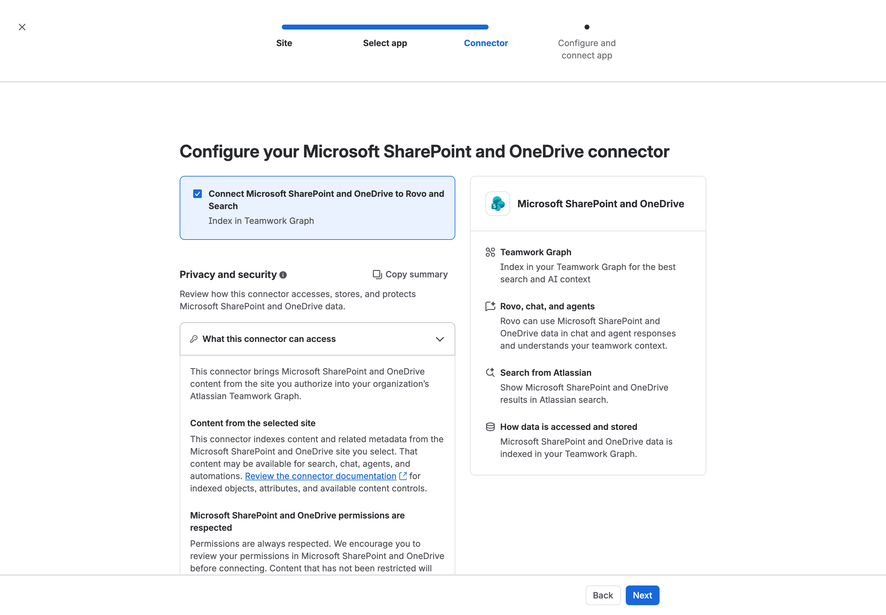 The Configure your Microsoft SharePoint and OneDrive connector step, with the Privacy and security panel open on What this connector can access, and a side card listing Teamwork Graph, Rovo chat and agents, and Search from Atlassian.