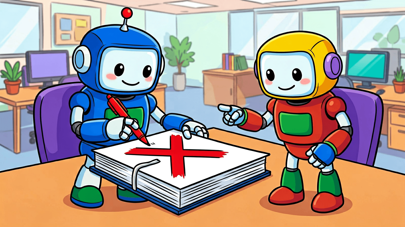 Cartoon of two robots at a desk: a blue robot marks a big red X on a thick, neat binder while a red-and-yellow robot calmly points at it