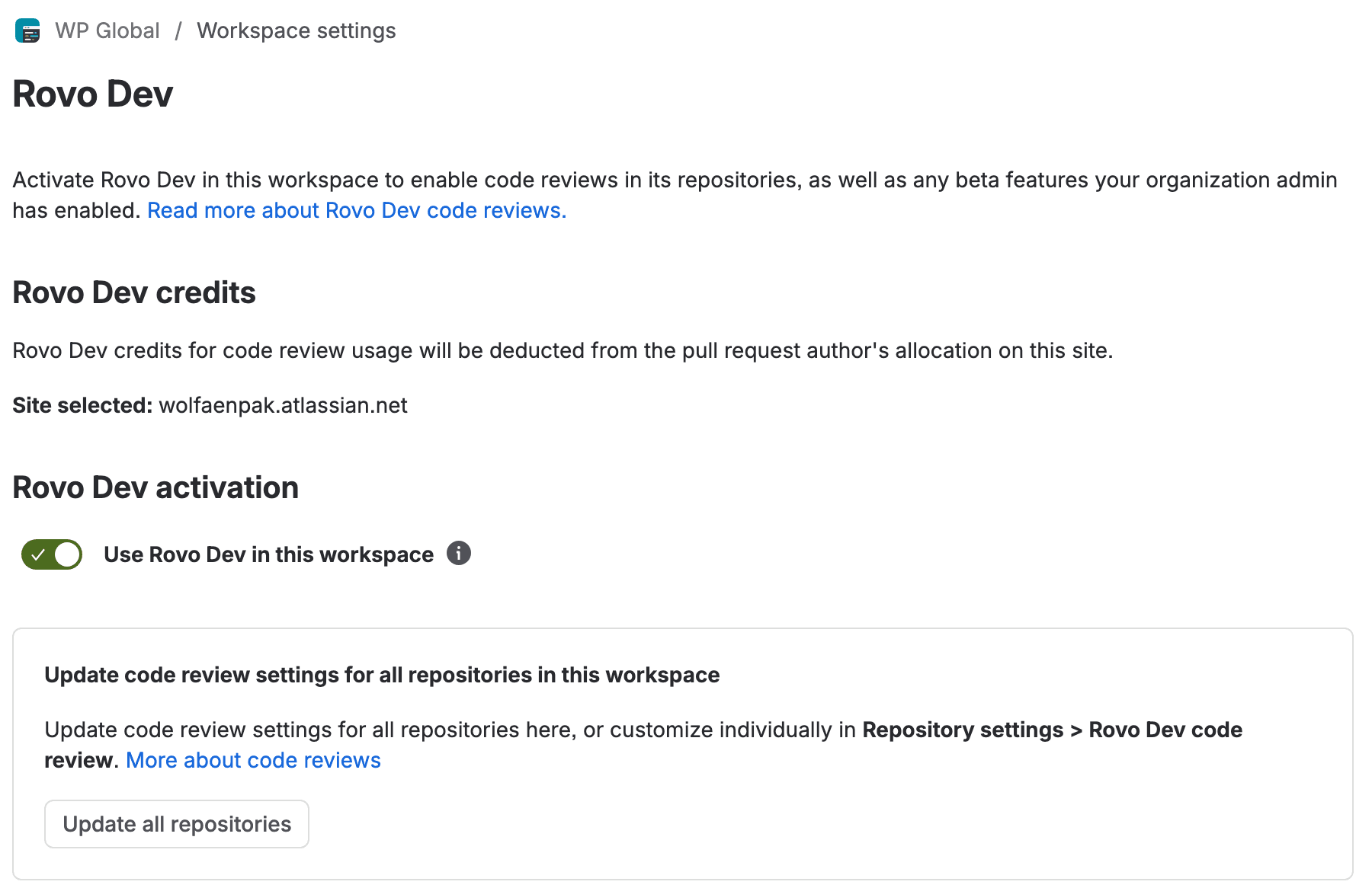 Bitbucket Workspace settings, AI, Rovo Dev page: Rovo Dev credits are deducted from the pull request author's allocation on this site, Site selected wolfaenpak.atlassian.net, the Use Rovo Dev in this workspace toggle switched on, and a box with an Update all repositories button