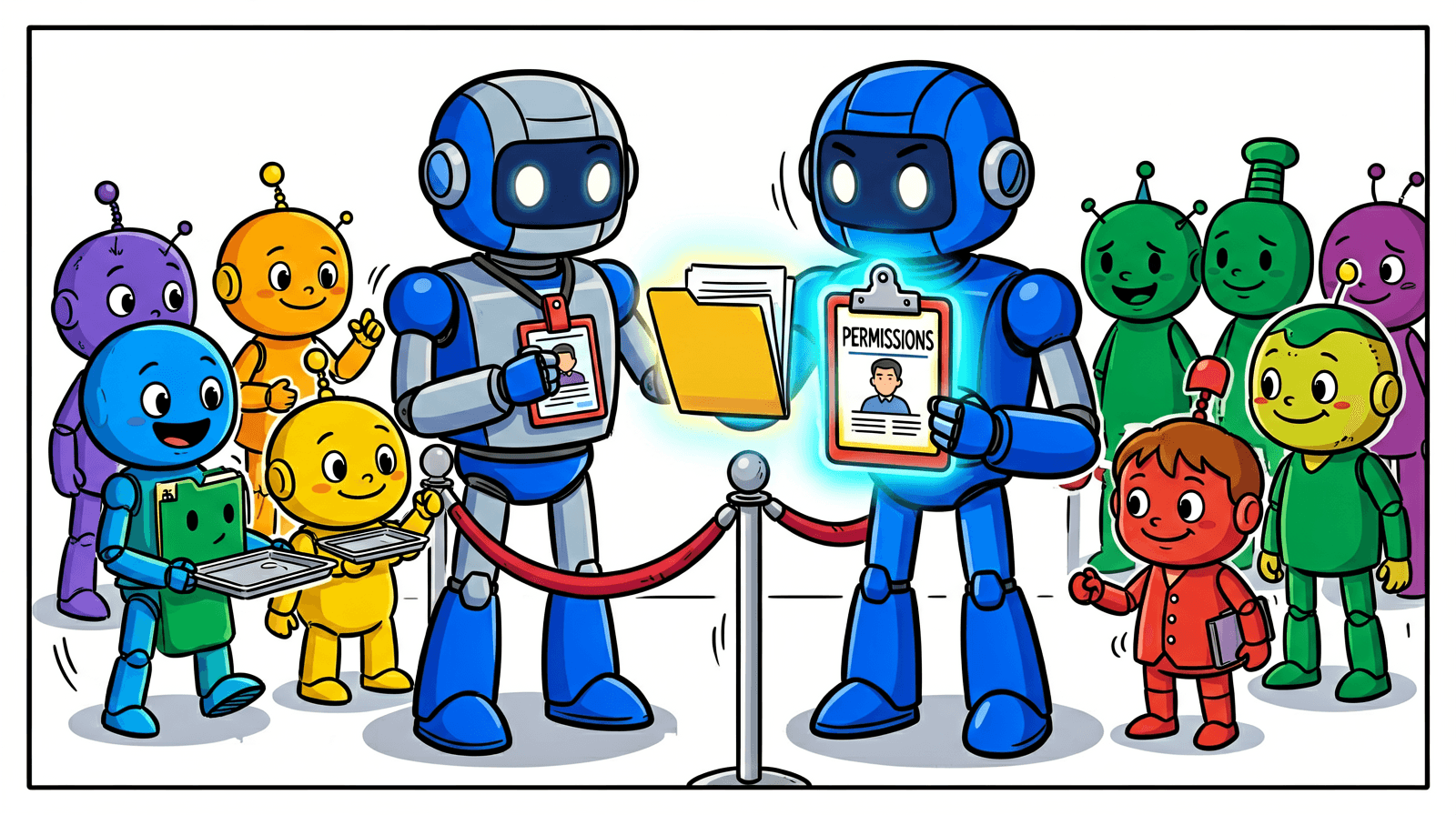 Illustration: a blue robot bouncer holding a clipboard labelled PERMISSIONS and a badged robot pass a glowing folder over a velvet rope, while small robots on both sides watch, two of them holding empty trays