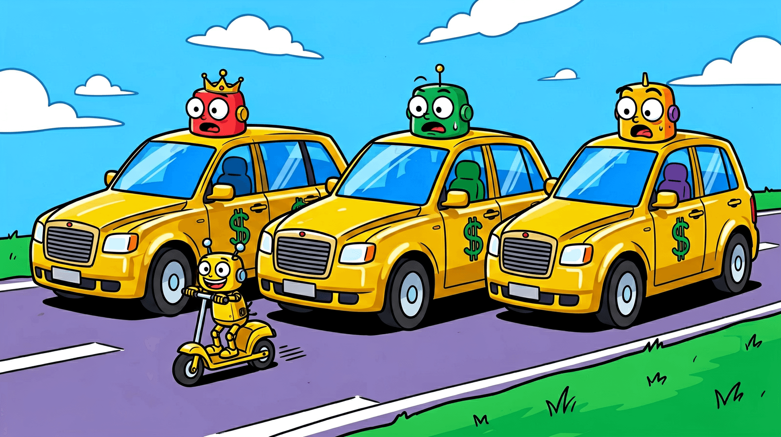 Illustration of a tiny yellow robot on a kick scooter passing three gold cars with dollar signs on the doors, each with a shocked robot on the roof