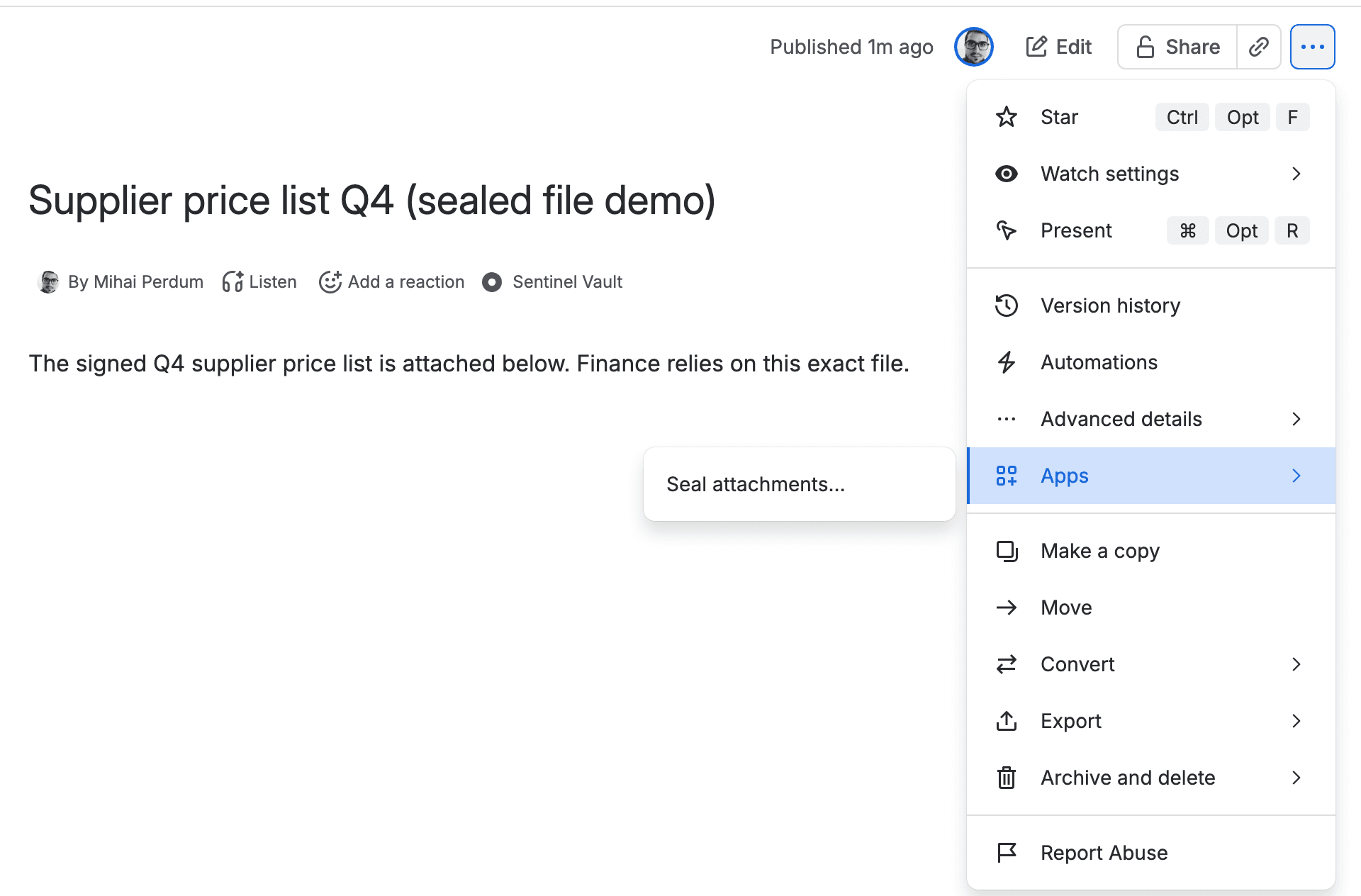 Confluence page More actions menu open with the Apps item highlighted and a submenu showing Seal attachments…