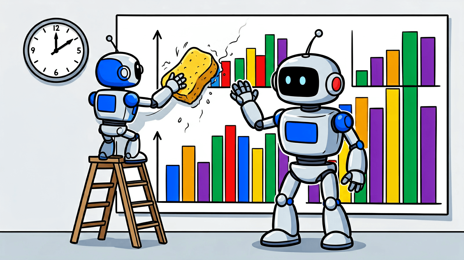 Cartoon of one robot on a ladder wiping a wall of colourful bar charts clean with a big sponge, while a second robot raises a hand in protest and a wall clock hangs nearby