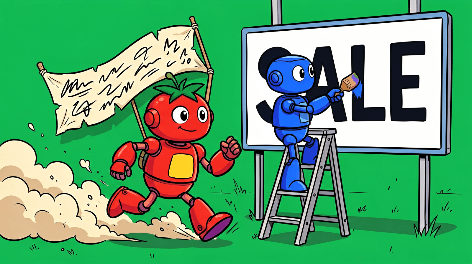 Cartoon of a tomato-headed red robot sprinting through a dust cloud with a banner of scribbles while a blue robot on a step ladder paints the word SALE on a white sign