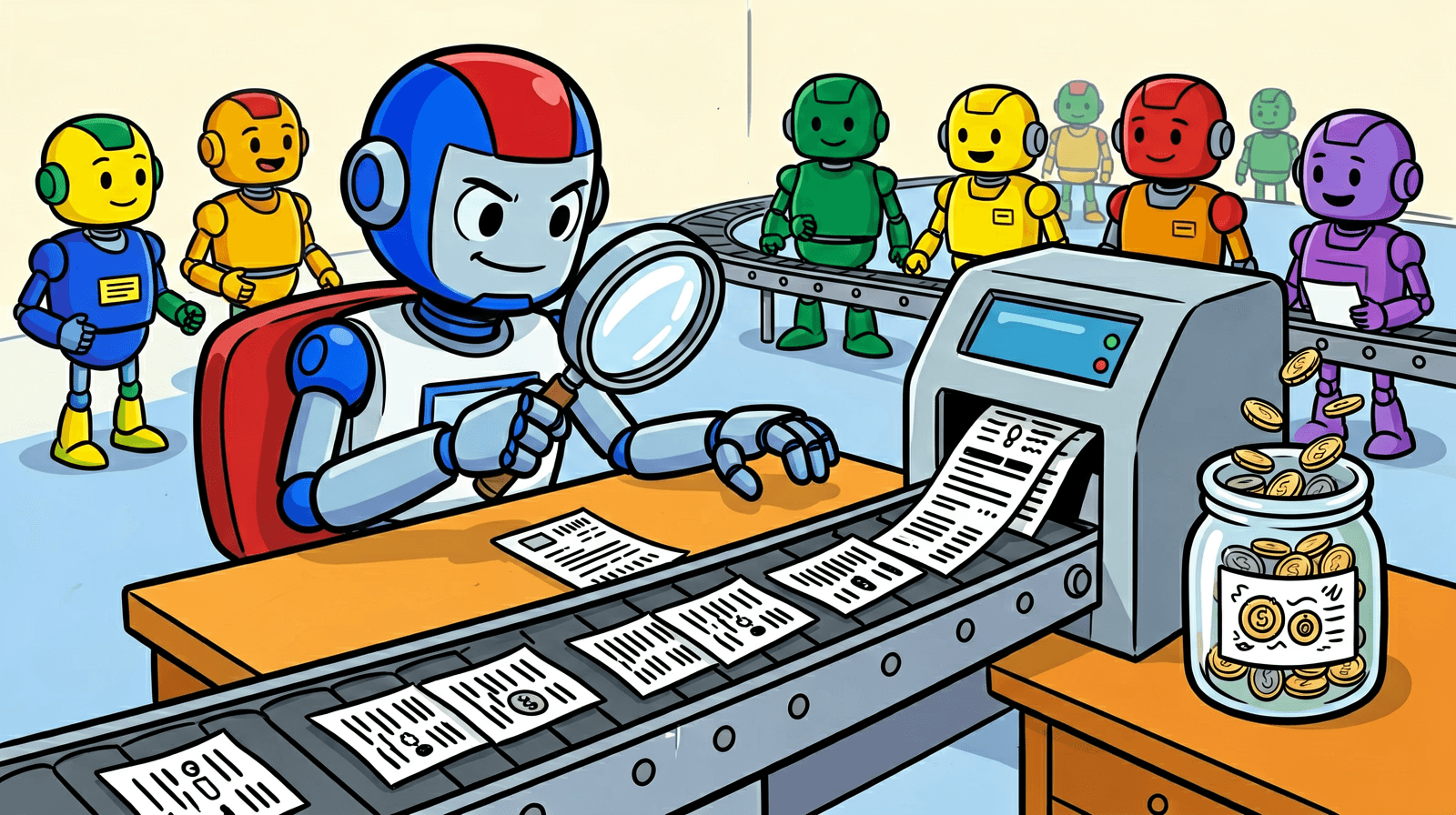 Cartoon of a robot accountant at a desk with a magnifying glass over a printed receipt, while a conveyor belt of papers feeds a review machine next to a shared coin jar, with a crowd of office robots watching