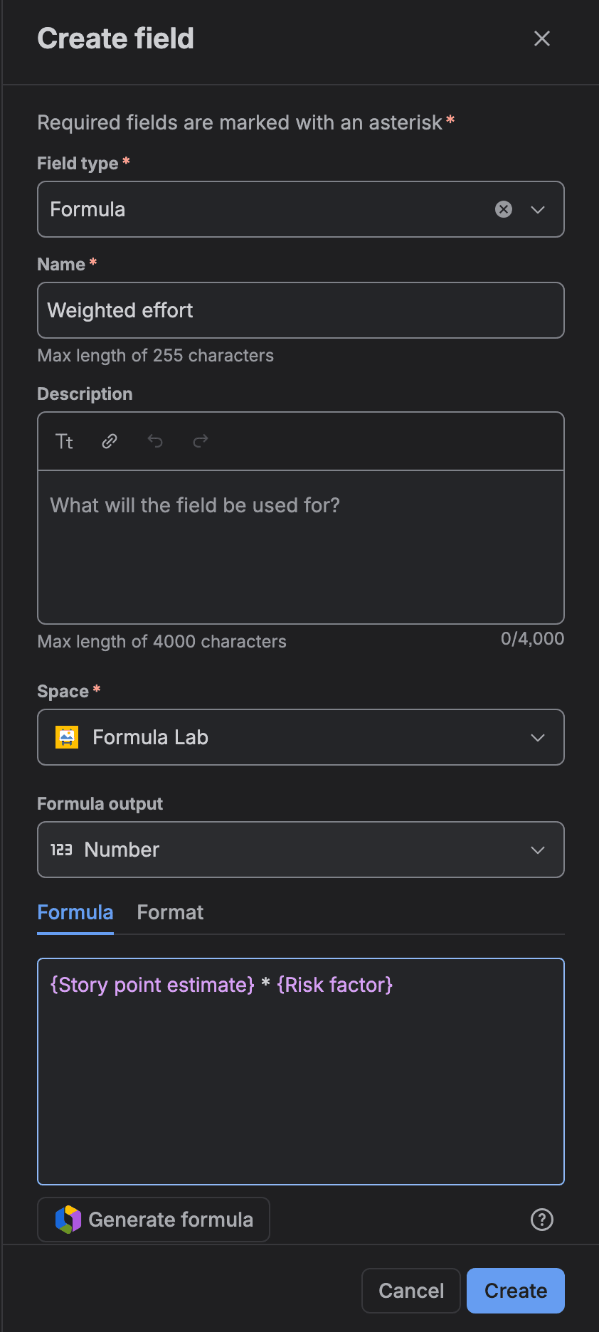 The Create field panel with Field type Formula, Name Weighted effort, Space Formula Lab, Formula output Number, and the formula {Story point estimate} * {Risk factor} in the editor with no error. A Generate formula button sits under the editor.