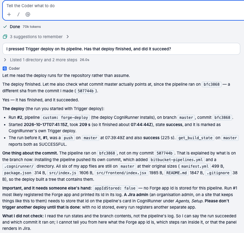 The Coder's answer naming run 2, custom forge-deploy, commit bfc3868, 209 s and Trigger deploy, plus a warning that no app id is stored