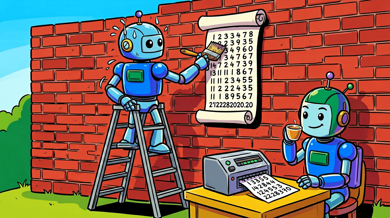 A cartoon of a sweating blue robot on a ladder painting numbers onto a long paper scroll pinned to a brick wall while a relaxed robot sips coffee next to a small machine printing numbers onto paper