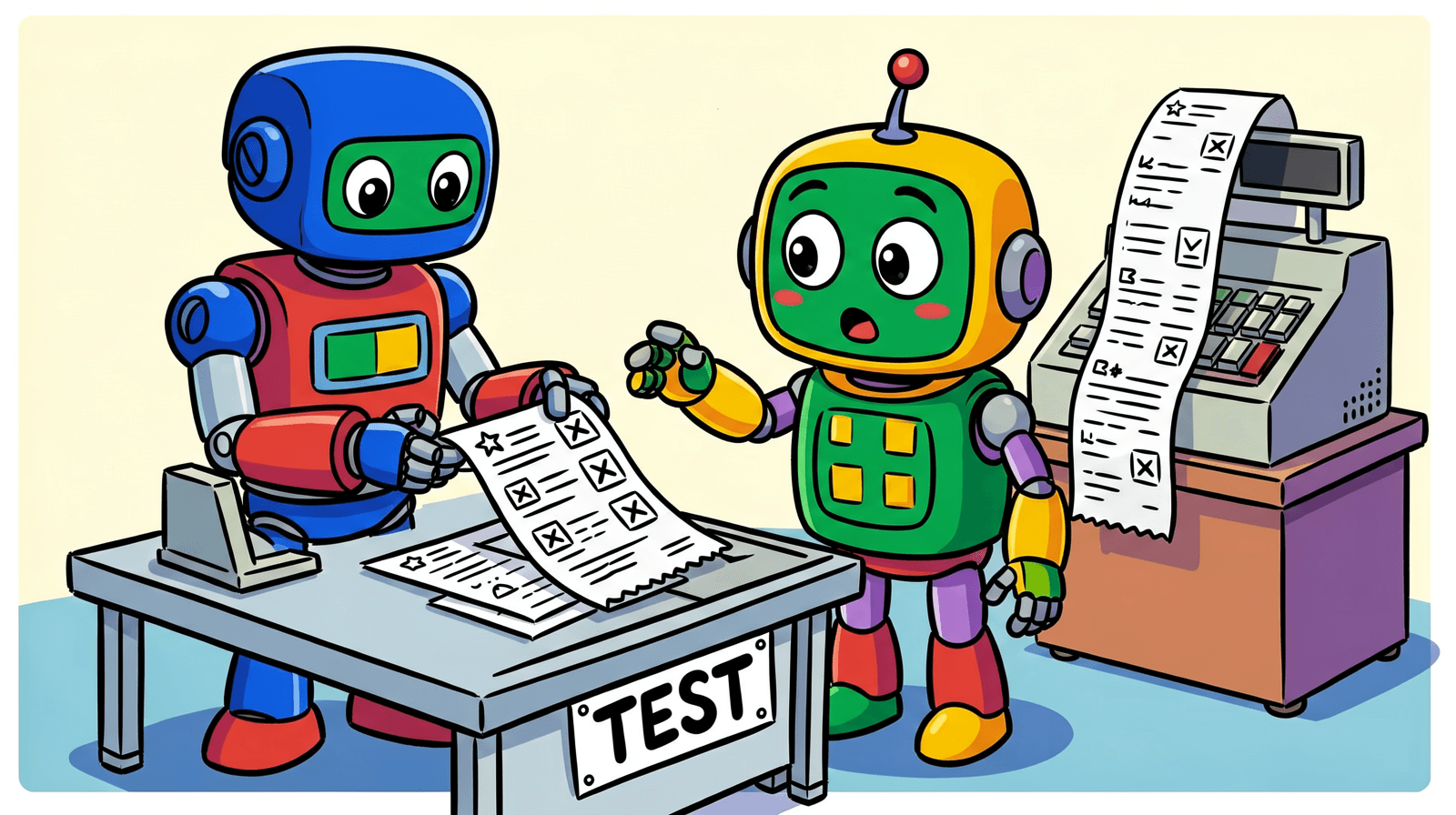 Illustration of a robot feeding practice questions across a bench labelled TEST to a surprised chatbot robot while a cash register behind them prints a long receipt