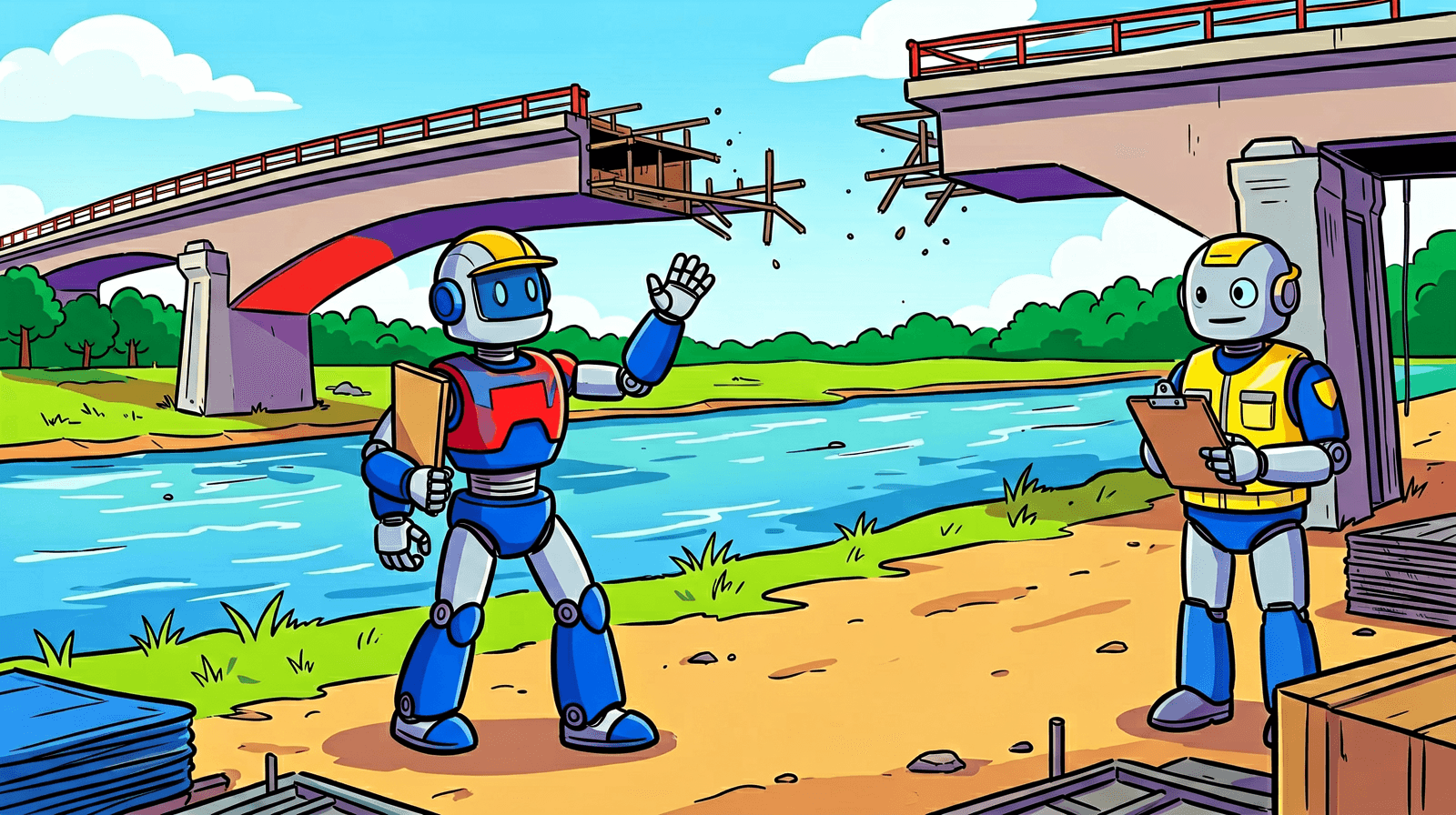 Illustration of a robot construction worker waving goodbye beside a bridge that stops in mid-air over a river while an inspector robot with a clipboard watches