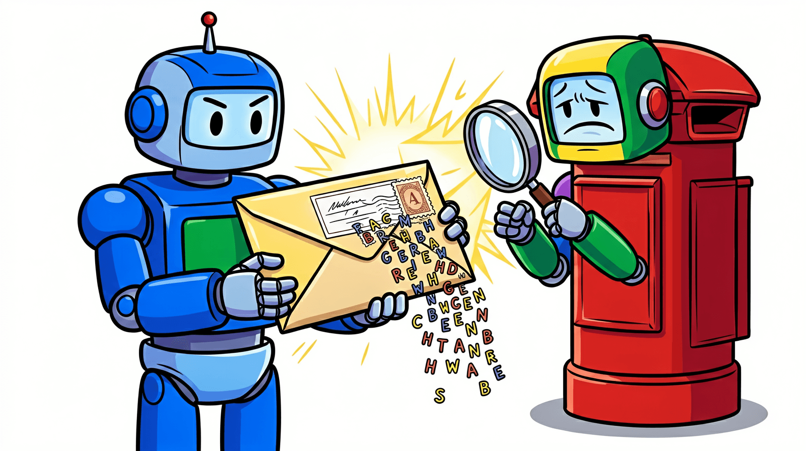 Cartoon of a blue robot handing a torn envelope to a worried robot standing in a red post box, letters of the alphabet spilling out of the envelope