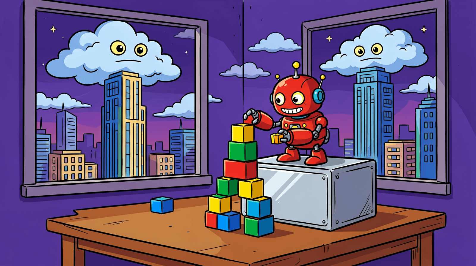 Illustration of a tiny grinning red robot standing on a small silver computer box beside a lopsided tower of toy blocks, while two big cloud faces outside the windows, above a city of skyscrapers, look in at it