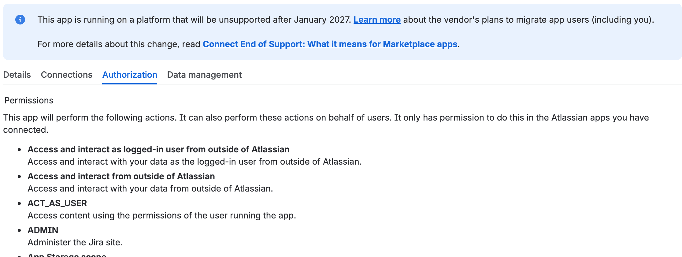 The Authorization tab of ScriptRunner for Jira, listing Access and interact as logged-in user from outside of Atlassian, Access and interact from outside of Atlassian, ACT_AS_USER and ADMIN with the description Administer the Jira site