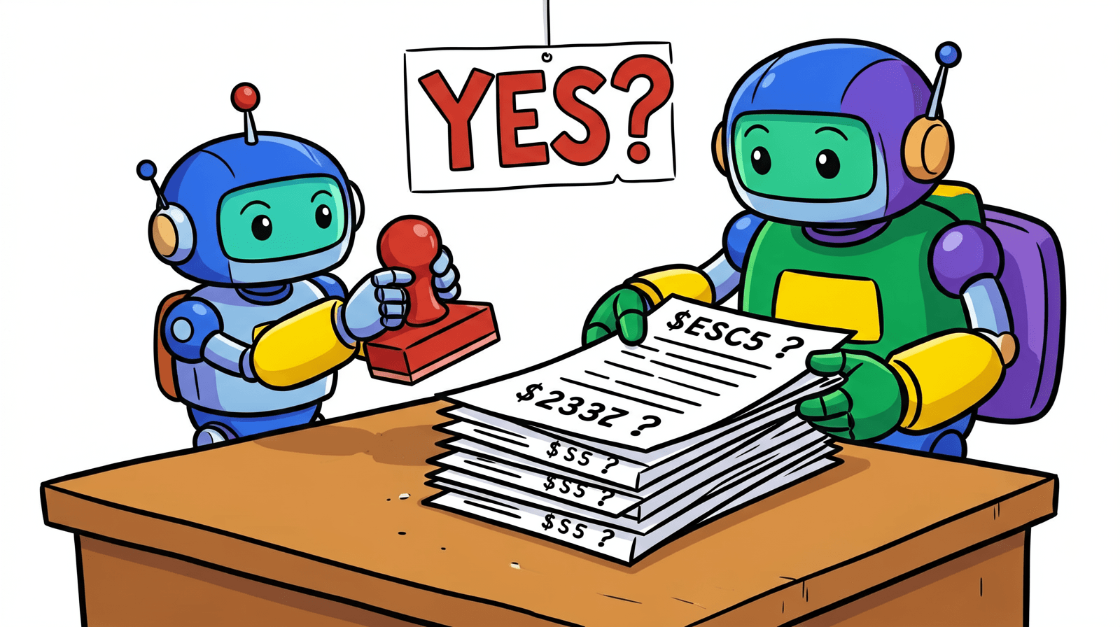 Illustration of a small robot holding a rubber stamp while a bigger robot slides a stack of papers across a desk under a sign reading YES?