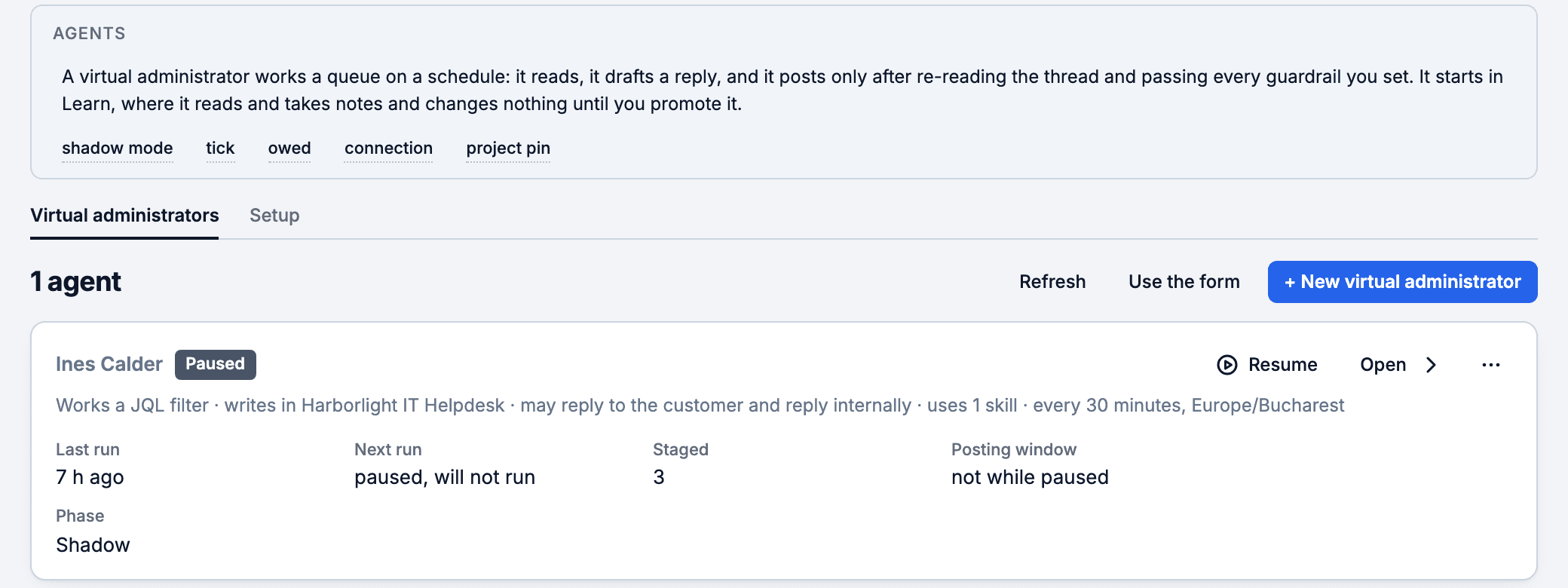 CogniRunner Agents tab on the demo site: the tab text says a virtual administrator starts in Learn, where it reads and takes notes and changes nothing until you promote it, and a list with one agent, Ines Calder, paused, phase Shadow, 3 staged drafts
