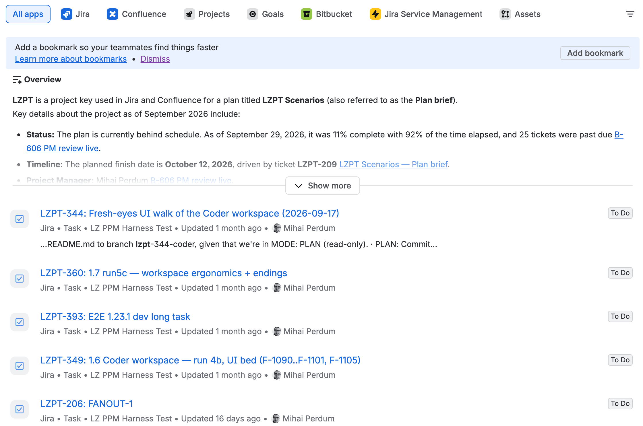 Rovo Search results for LZPT: filter tabs for Jira, Confluence, Projects, Goals, Bitbucket, JSM and Assets, an AI overview naming the LZPT Scenarios plan with its status and a link to a Confluence page, then a list of Jira tasks from LZ PPM Harness Test