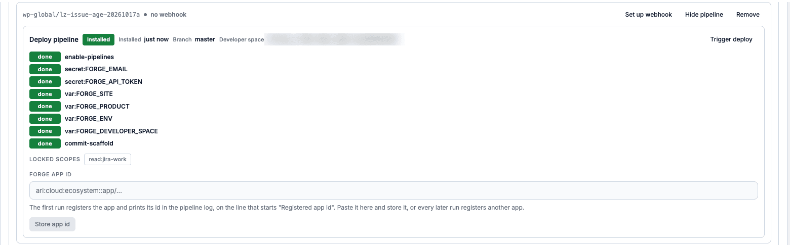 The pipeline card on Installed, with steps marked done, LOCKED SCOPES read:jira-work and an empty Forge app id field with Store app id