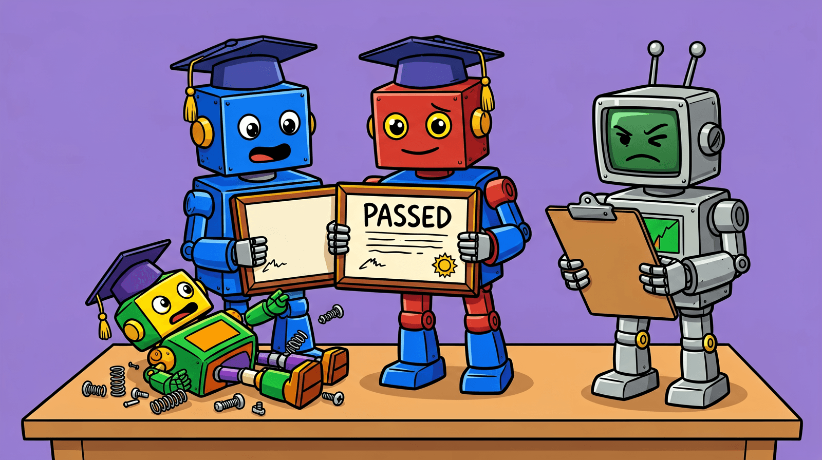 Illustration of two boxy robots in graduation caps holding a framed diploma reading PASSED, next to a collapsed toy robot on a workbench, while a grey robot with a clipboard frowns
