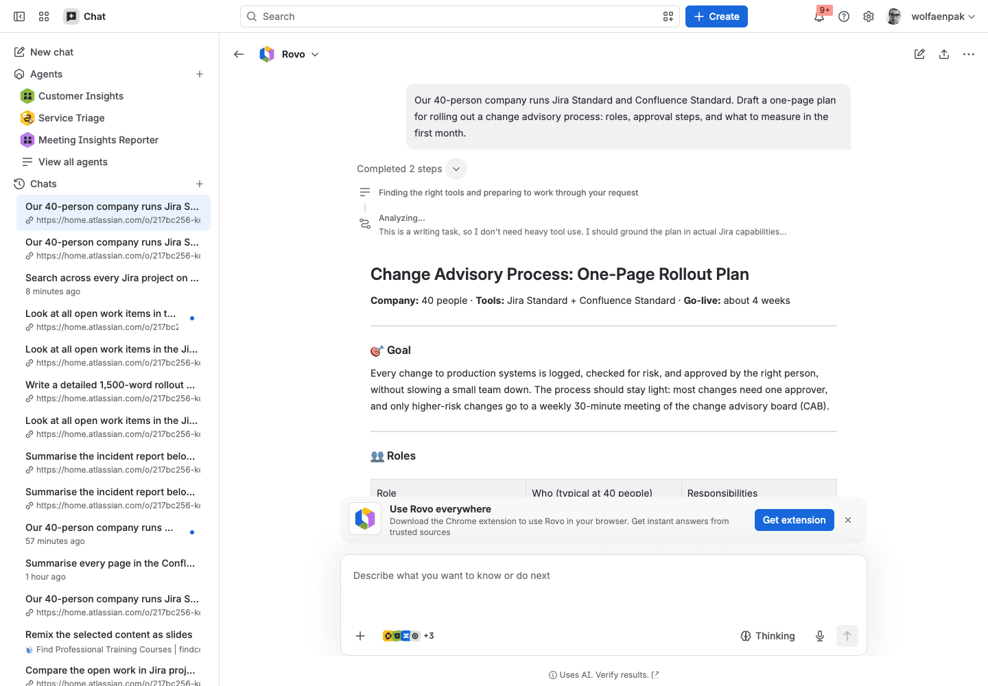 Rovo Chat answering the change advisory prompt in Think deeper mode: Completed 2 steps, with the step text This is a writing task, so I don't need heavy tool use, followed by the start of a plan titled Change Advisory Process: One-Page Rollout Plan