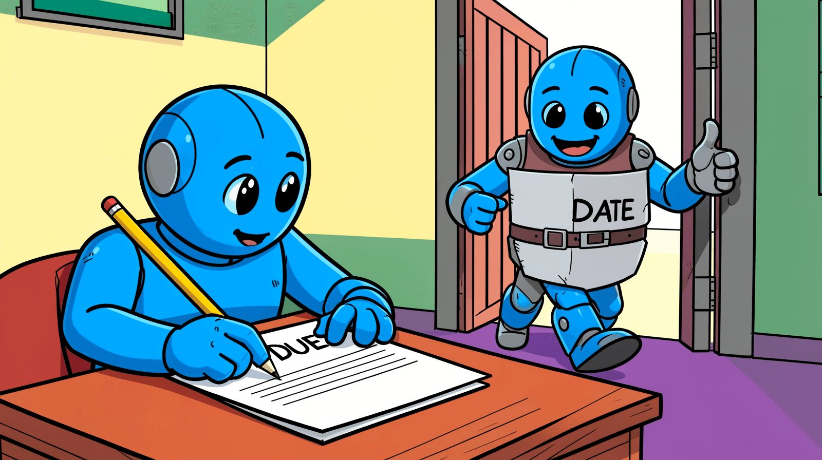 A cartoon of a blue robot at a desk writing DUE on a form while a second blue robot wearing a DATE sign walks out through an open door with a thumbs up