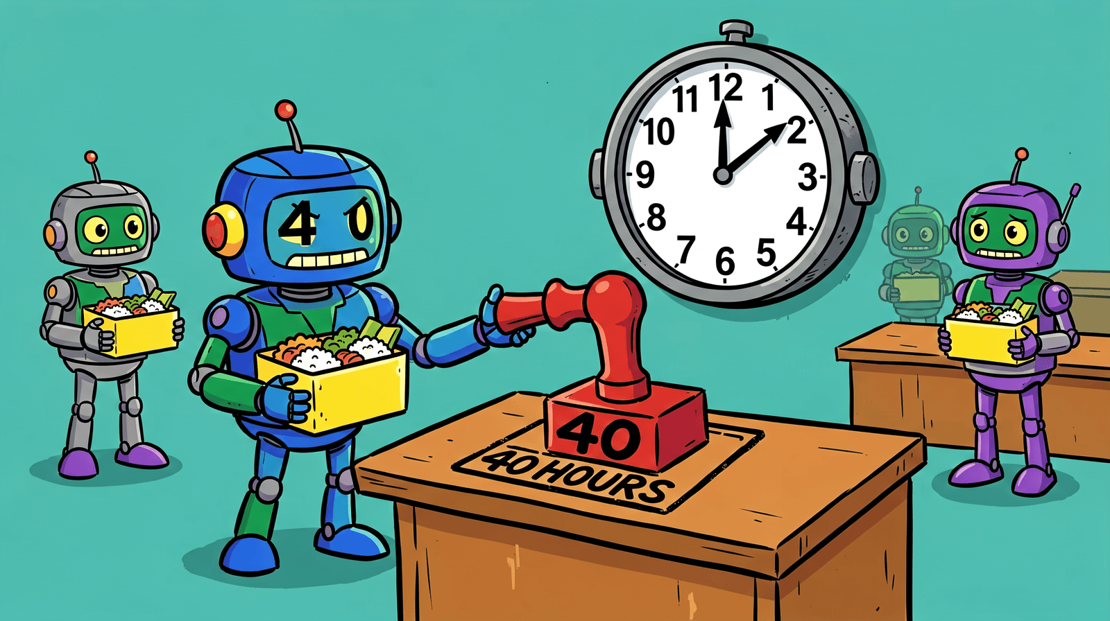 Cartoon of a blue robot holding a lunchbox and pressing a red stamp marked 40 onto a desk printed 40 HOURS, under a wall clock, while three other robots with lunchboxes watch.