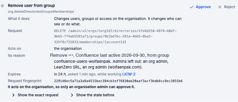 Approval card: Remove user from group, the DELETE request with org and account IDs masked, acts on the organisation, its reason with the last active date 2026-09-30 and the three admins left out, expires in 24 h, a request fingerprint