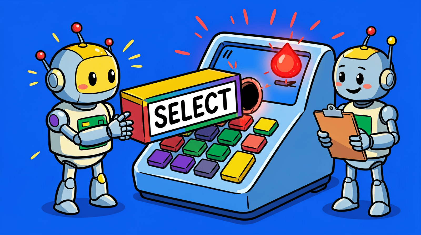 Cartoon of a robot pushing a big block labelled SELECT into the narrow round slot of a giant calculator, which flashes a red light, while a second robot with a clipboard watches.