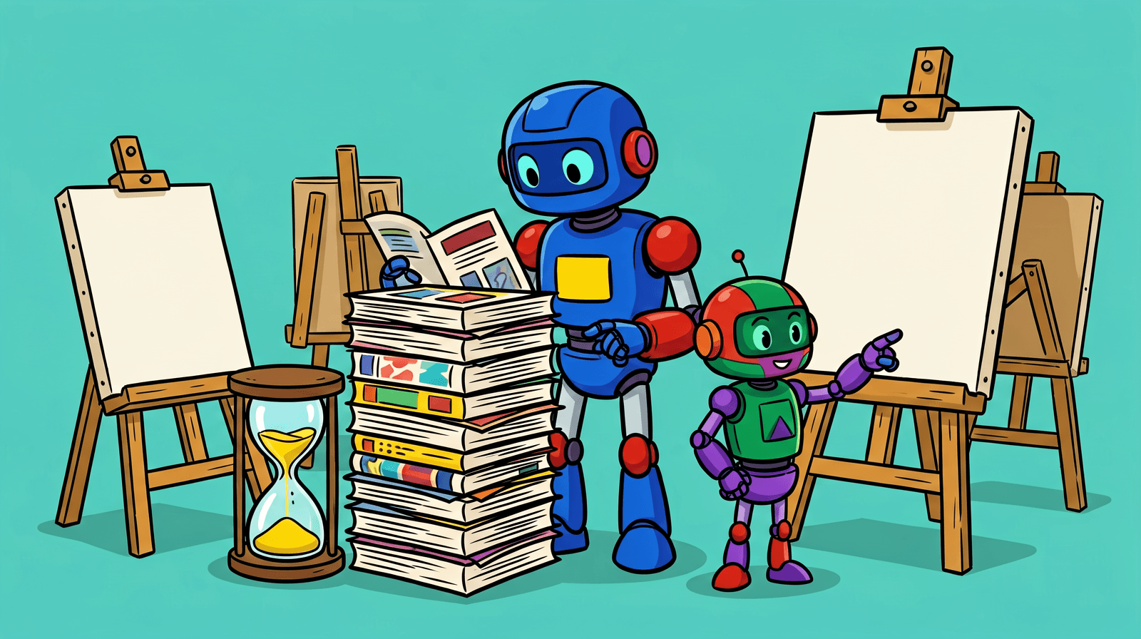 Illustration of a blue robot reading from a tall stack of manuals beside an hourglass and several blank canvases on easels, while a small robot points at an empty canvas