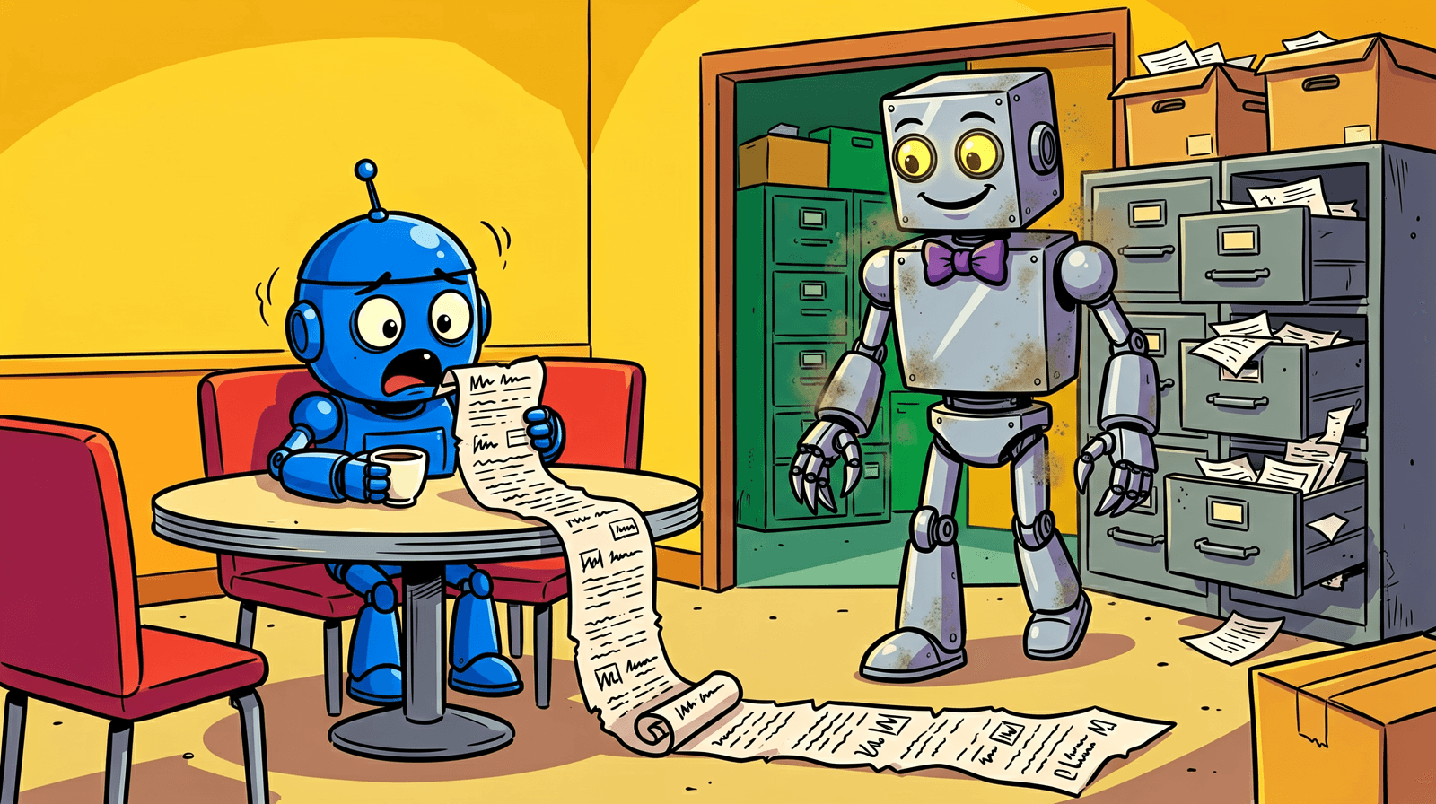 Cartoon of a stunned blue robot at a diner table holding a receipt for one coffee that runs across the floor, while a dusty silver robot waiter in a bow tie comes back from a back room of open filing cabinets