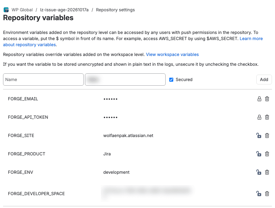 Bitbucket Repository variables: FORGE_EMAIL and FORGE_API_TOKEN secured and shown as dots, FORGE_SITE, FORGE_PRODUCT and FORGE_ENV in plain text