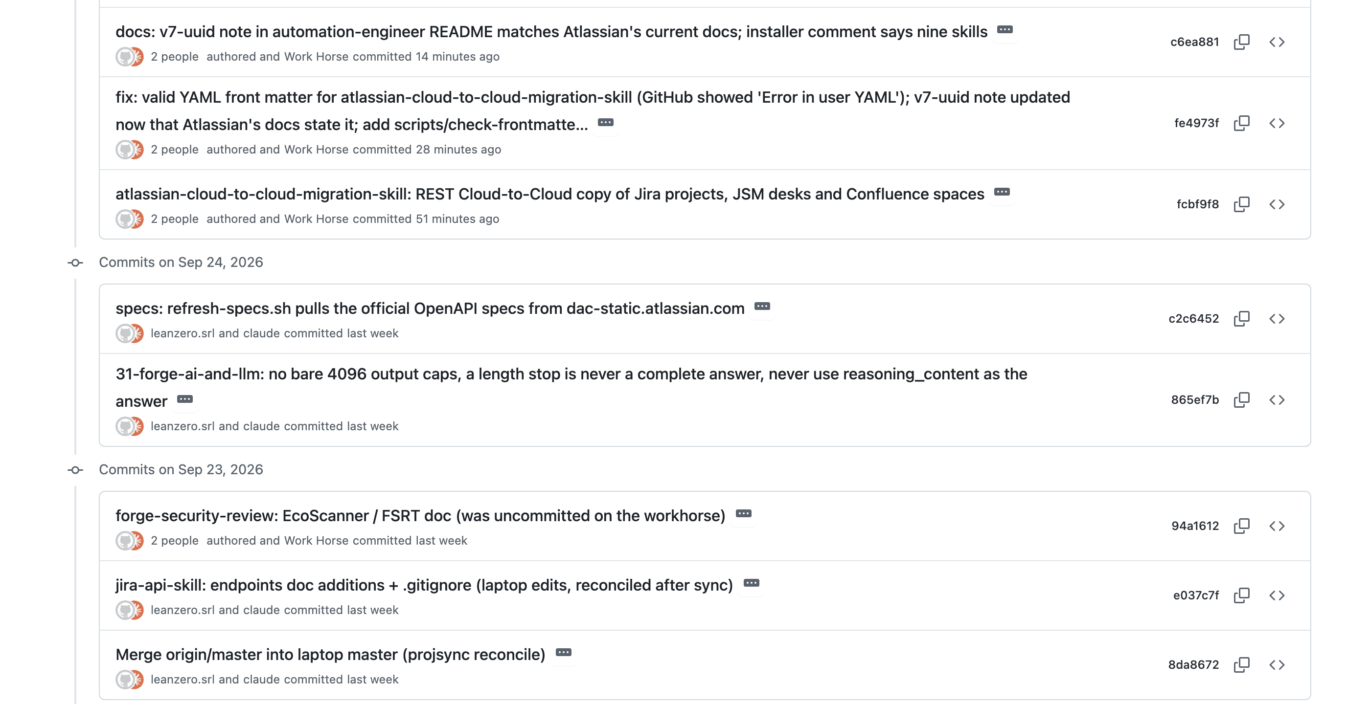 Commit rows from the GitHub history of leanzero-srl/leanzero-forge-skills. From the top: c6ea881, the v7 note in the automation-engineer README; fe4973f, the valid YAML front matter fix; fcbf9f8, the cloud-to-cloud skill. Then the 24 September spec refresh and 4096-cap commits, and three commits from 23 September.