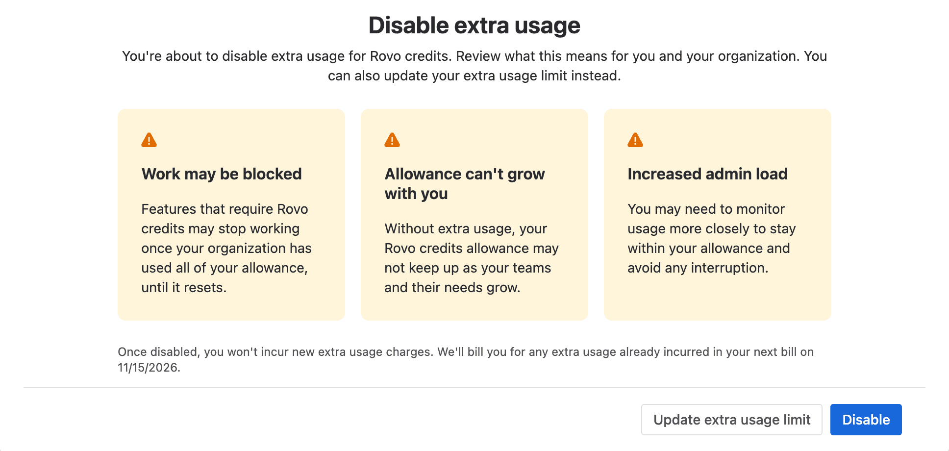 The Disable extra usage dialog for Rovo credits: three warnings titled Work may be blocked, Allowance can't grow with you and Increased admin load, a note that extra usage already incurred will be billed on the next bill on 11/15/2026, and the buttons Update extra usage limit and Disable