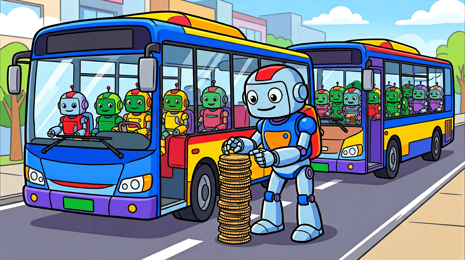 Cartoon of a robot counting a tall stack of coins next to a bus carrying a handful of robots, with a second bus full of robots waiting behind it