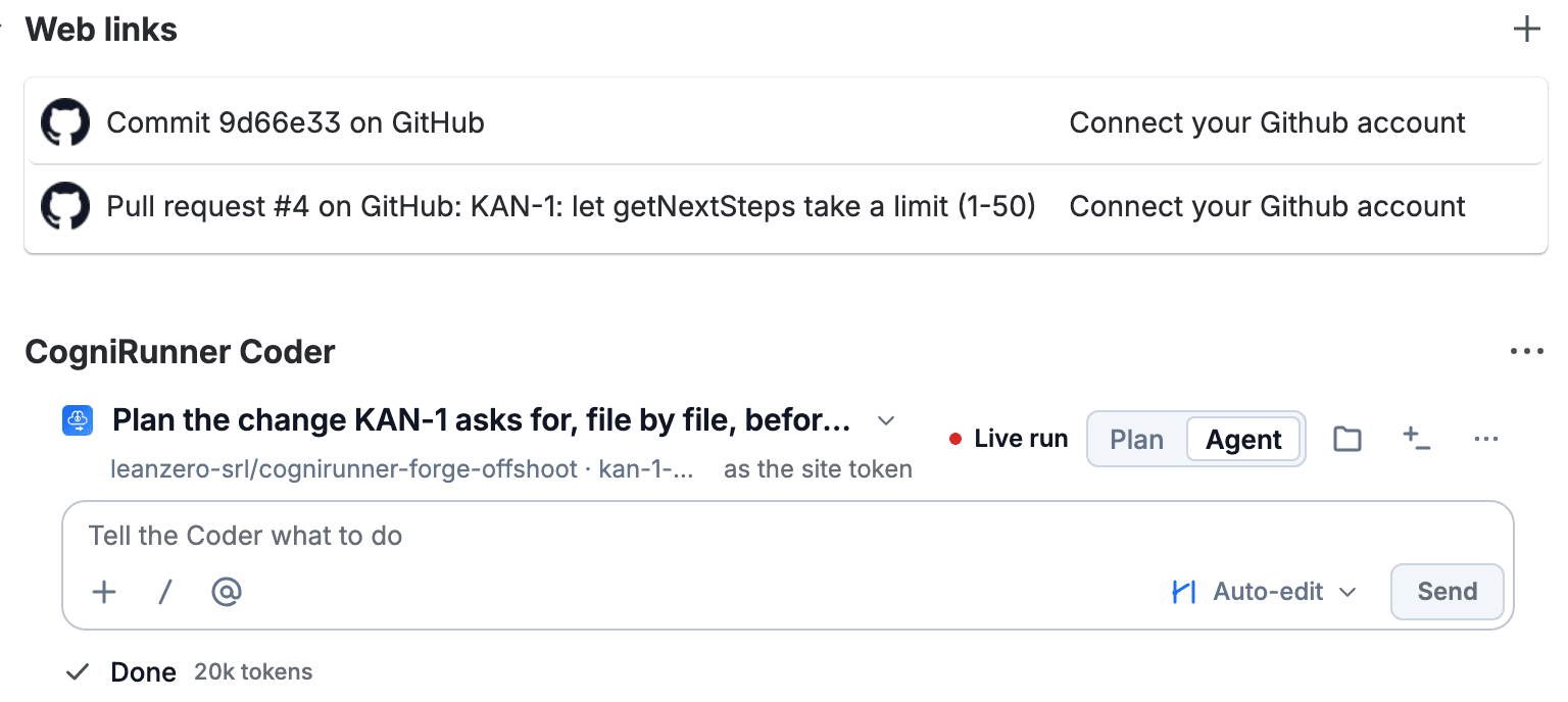 The Web links section on Jira issue KAN-1 showing Commit 9d66e33 on GitHub and Pull request #4 on GitHub, above the CogniRunner Coder panel reporting Done at 20k tokens