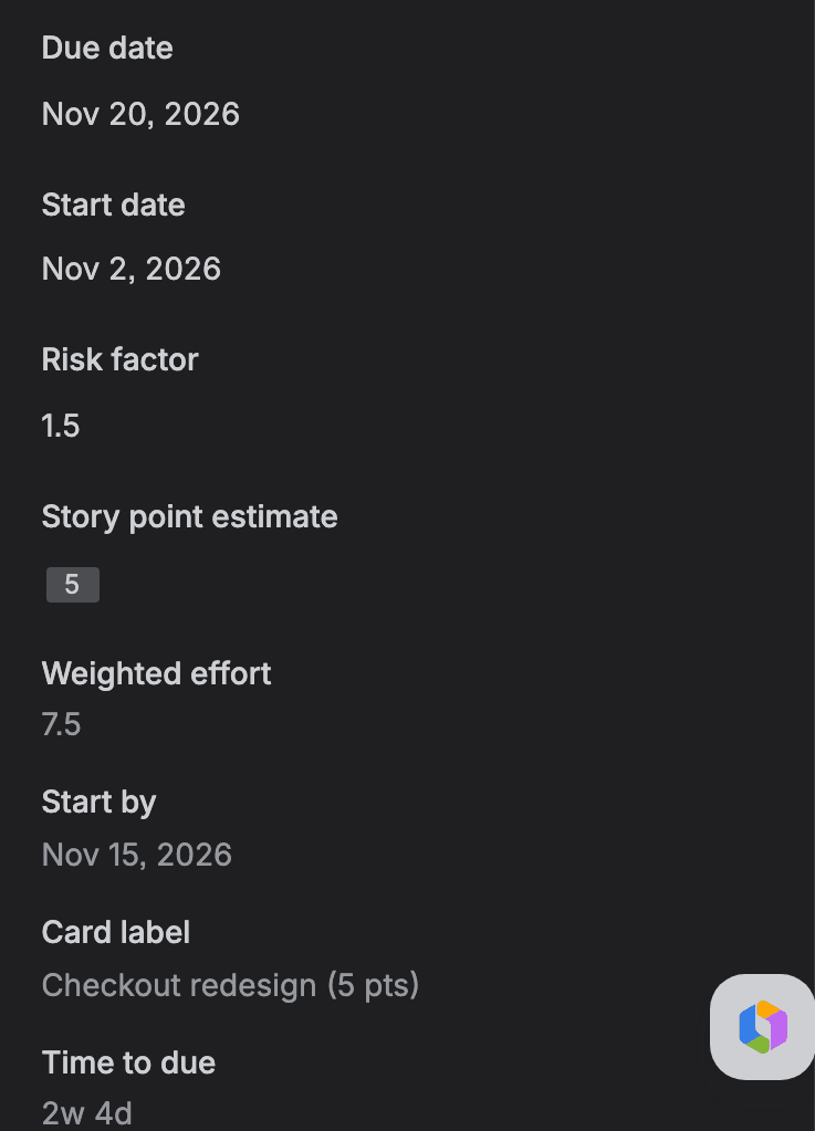 The Details panel of work item FLAB-1: Due date Nov 20, 2026, Start date Nov 2, 2026, Risk factor 1.5, Story point estimate 5, Weighted effort 7.5, Start by Nov 15, 2026, Card label Checkout redesign (5 pts), Time to due 2w 4d.