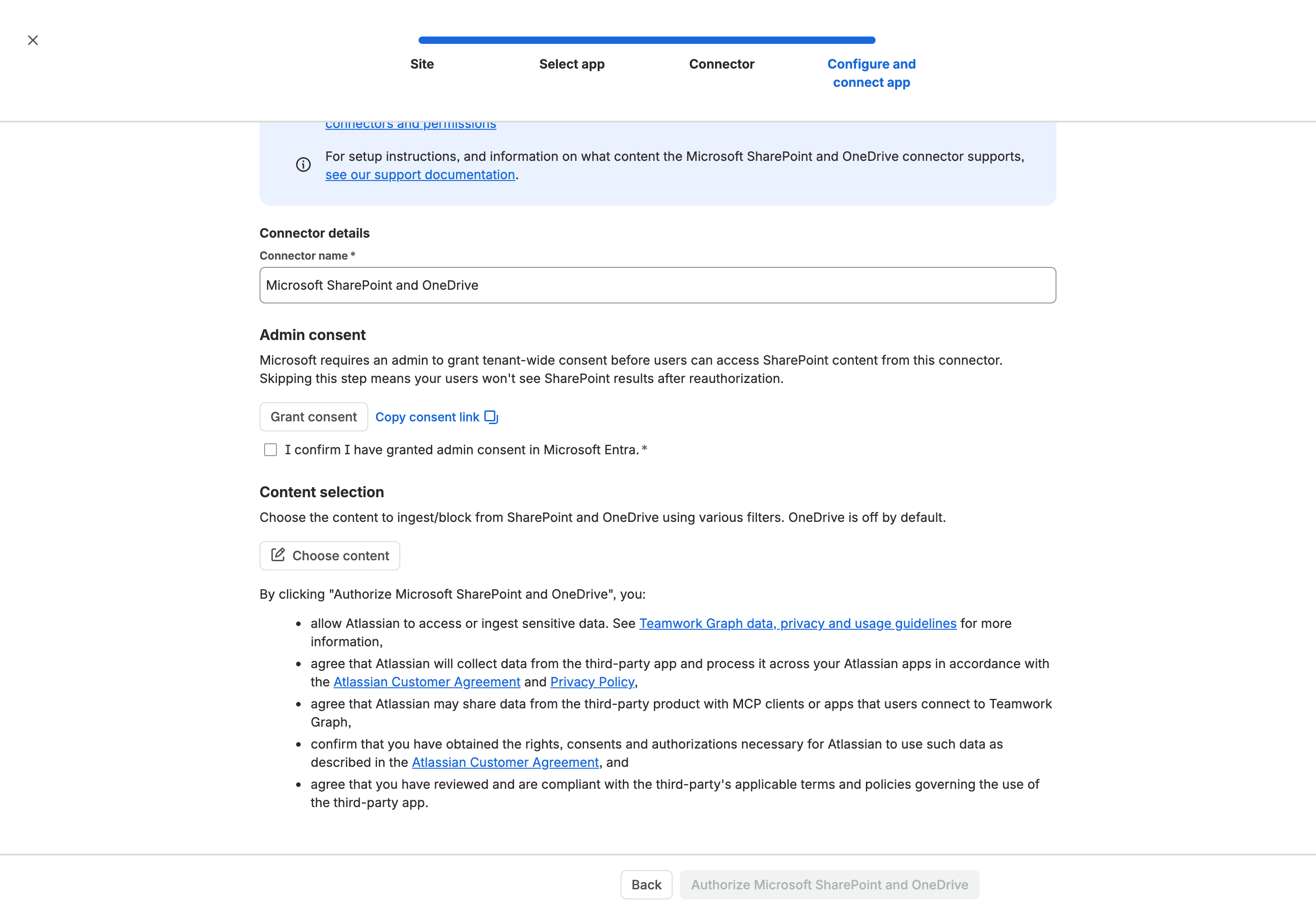 The Set up your Microsoft SharePoint and OneDrive connector page. The Admin consent section has Grant consent, Copy consent link and a required checkbox; below it are Content selection and the terms you accept by clicking Authorize.