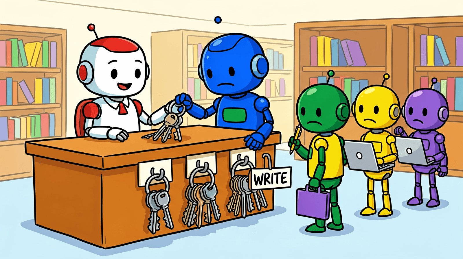 Cartoon of a robot receptionist at a library desk handing a ring of keys to a blue robot, while hooks on the desk front hold keys and one hook labelled WRITE hangs empty. A small green robot holding a pen waits in line looking disappointed.